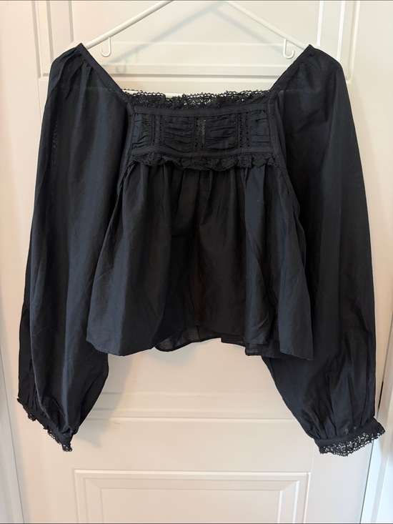 Divided Tops - Divided Black Lace-Trim Square Neck Cropped Peasant Blouse